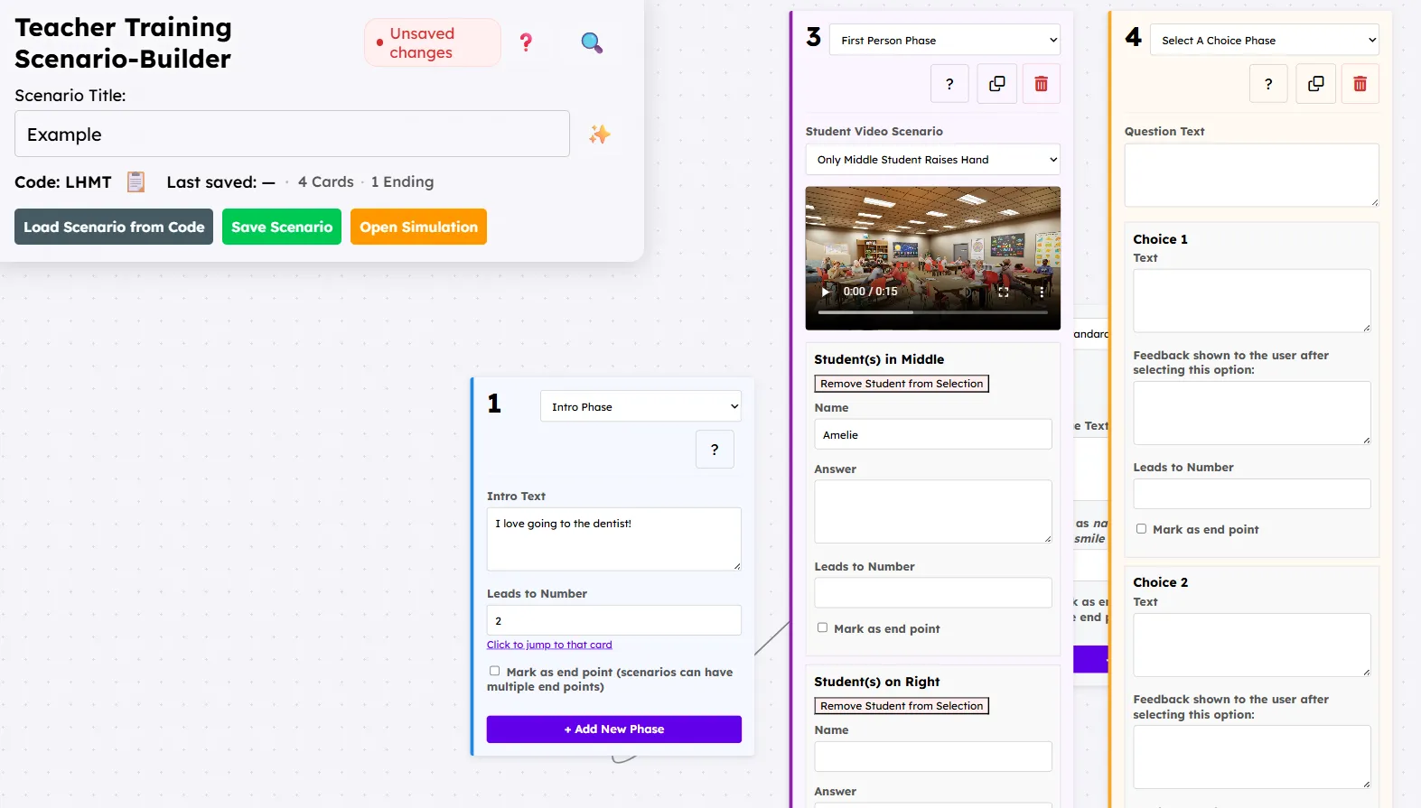 Teacher Training Scenario Builder interface